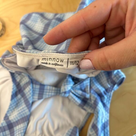 Minnow Girls One Piece Swimsuit 11/12 Blue Plaid Double Bow - Picture 2 of 6